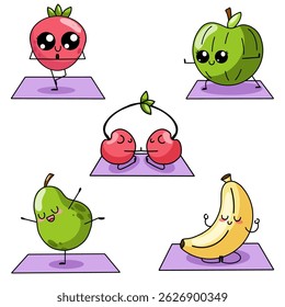 Set of fruits doing yoga. Kawaii style