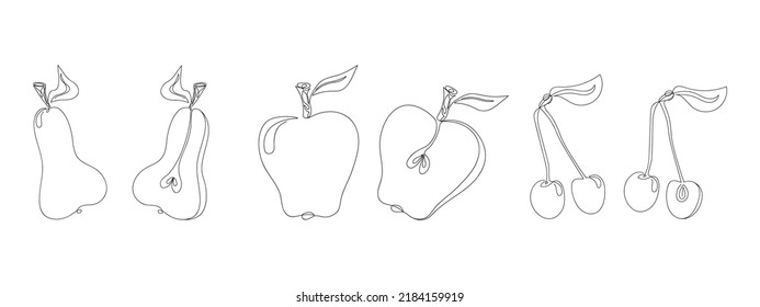 Set Of Fruits Drawn By One Line. Apple, Pear, Cherry. Sketch. Continuous Line Drawing Art. Simple Vector Stock Illustration.