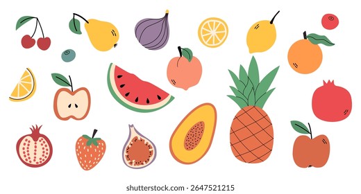 A set of fruits drawn in a flat style. A fruity collection of healthy organic piyani. Watermelon, pineapple, peach, pomegranate, blueberry, cherry, apple, lemon