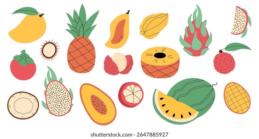 A set of fruits drawn in a flat style. A fruity collection of healthy organic piant. Watermelon, pineapple, pineapple, lychee, melon