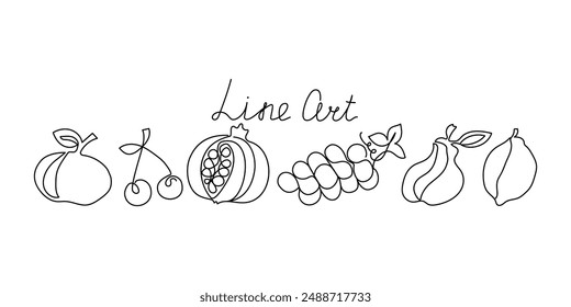 Coloca las frutas dibujadas en una línea. Contorno negro, iconos lineales. Linea art, letras a mano. Granada, pera, manzana, limón, uvas, cereza. Vector gráfico. Fondo aislado.