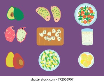 Set of fruits. Exotic fruits and dishes that you can cook from them.