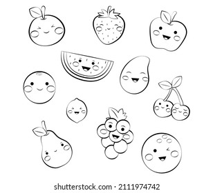 Set of fruits with faces, cartoon fruits, smile, diet, healthy eating, healthy eating, coloring book for children