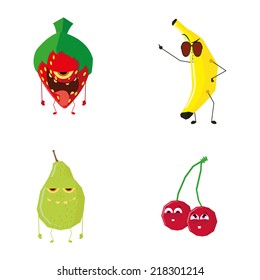 a set of fruits with facial expressions on a white background
