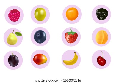 Sorte Früchte. Flaches Design. Apfel, Orange, Pflaumen, Himbeere, Banane. Sammlung von grafischen Elementen. Vektorillustration-Fruchtsymbole