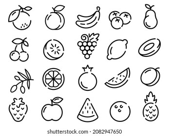 Set of fruits flat icons. Strawberry pictogram for web. Line stroke. Cherry and same fruits isolated on white background. Vector eps10