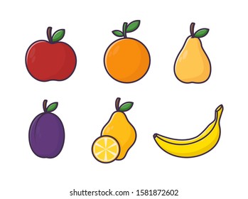 Set of fruits in flat style. Cartoon vector illustration isolated on white background. Icons Apple, pear, banana, lemon, orange, plum