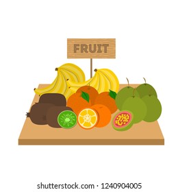 Set of fruits. Food on wooden table. Market with healthy food. Apple and banana, orange and kiwi. Isolated flat vector illustration