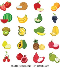 Set Früchte Free Vektor Apfel Banana Melon Orange Coconut Blueberry Watermelon Kirsche Erdbeeren Ananas Avocado Mango.