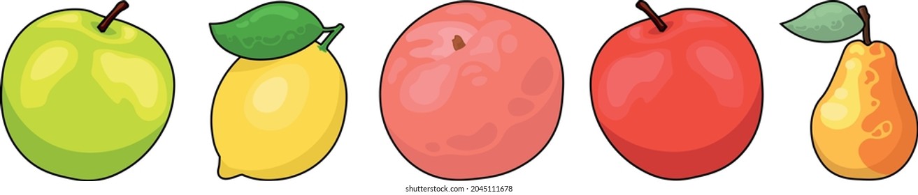 set of fruits green and red apple lemon peach and pear on white background isolated simple vector illustration