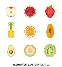 set of fruits halves. slices of apple, watermelon, strawberry, pineapple, orange, papaya, avocado, melon, kiwi vector illustration