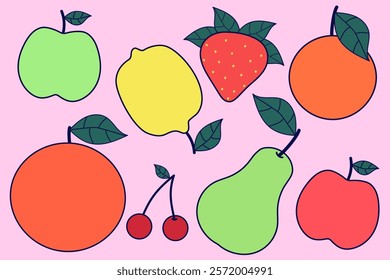 Set with fruits. Hand drawn retro style illustration.