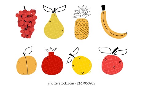 Set of fruits in hand drawn style. Banana, pomegranate, lemon, pineapple, apricot, grapes. Vector illustration in flat style