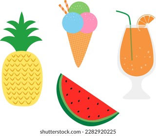 Set fruits ice cream Orange juice cocktail in glass vector illustration