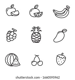 Set of fruits icon in black line design. Fruits vector illustration in black and white design isolated on white background.