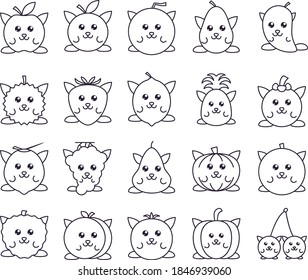 Set fruits icon cute character with line style
