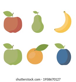 Set of fruits icon flat. Isolated apple, pear, banana, apricot, peach and plum element. Healthy food