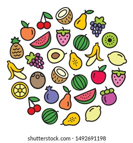 Set of fruits icons color illustration background in a circular shape