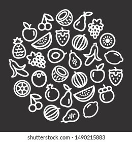 Set of fruits icons illustration on black background in a circular shape