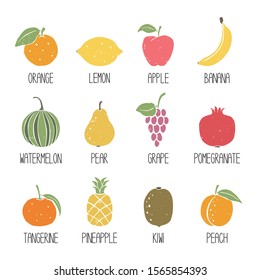 Set of fruits icons isolated on white background. Colorful fruits original design. Can be used for infographics or decoration. Vector hand drawn illustration