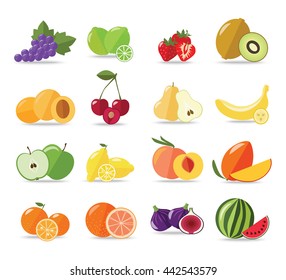 Set of fruits icons isolated on white background. Grapes, watermelon, peach, kiwi, banana, cherry flat style. Vector eps 10 format.
