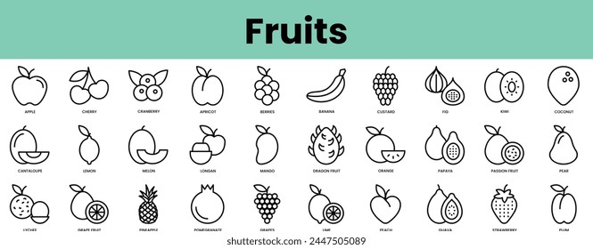 Set of fruits icons. Linear style icon bundle. Vector Illustration