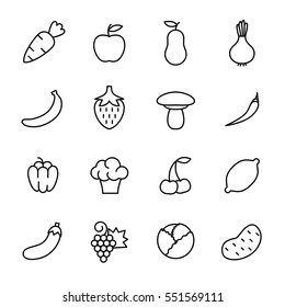 Set of fruits icons in modern thin line style. High quality black vegetables symbols for web site design and mobile apps. Simple linear fruits pictograms on a white background.