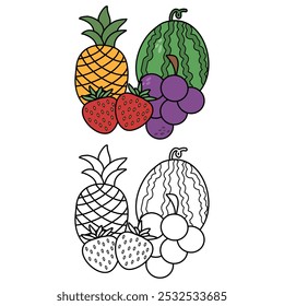 Set of fruits illustration coloring and learning