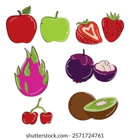 Set of fruits illustration flat and doodle line style