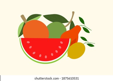 set of fruits isolated on white background watermelon, lemon, pare apple, orange, raw mango vector design for backgrounds, banners, posters, illustration.