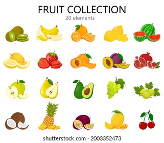 Set of fruits isolated on white. Fresh and bright fruits icons, flat style. Cute cartoon fruits collection , Vector illustration.
