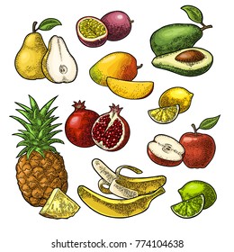 Set fruits. Isolated on the white background. Pineapple, lime, banana, pomegranate, maracuya, mango, avocado. Vector color hand drawn vintage engraving illustration for poster, label and menu