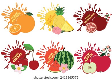 Set of fruits  in juice splashes. Fruits splash set of labels. Fruit splashes, drops emblem. Splash and blot collection.