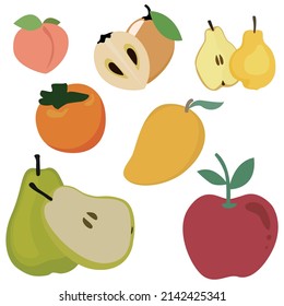 Set of fruits with leaf isolated on white background, Fruits set vector illustration.