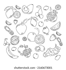 Set of fruits in line art style in black. The set contains such fruits as: lemon, banana, avocado, cherry, apple, pomegranate, watermelon, pineapple, strawberry, grapes, coconut.