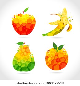 Set of fruits. Logotype concept. Coloured fruit logo, t shirt idea with bubbles on white background. Isolated abstract graphic design template. Organic meal, t-shirt bright element, transparent effect