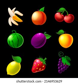 Set of Fruits machine slot icons, lemon, strawberry, grapes, apple, watermelon, plum, banana, peach, cherry . Classic collection symbol for games gambling, mobile app. Vector illustration cartoon styl