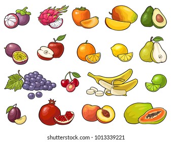 Set fruits. Mango, lime, banana, maracuya, avocado, dragon, lemon, orange, garnet, peach, apple, pear, grape, plum, passion, mangosteen, papay, persimmon, cherry. Vector color vintage engraving