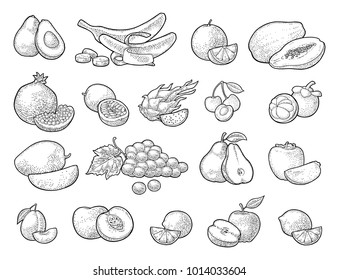 Set fruits. Mango, lime, banana, maracuya, avocado, dragon, lemon, orange, garnet, peach, apple, pear, grape, plum, passion, mangosteen, papay, persimmon, cherry. Vector black vintage engraving