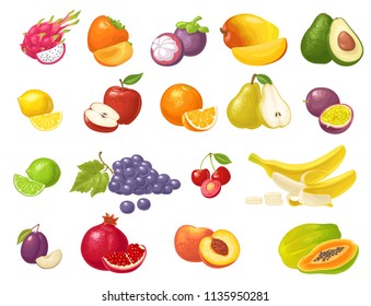 Set fruits. Mango, lime, banana, maracuya, avocado, dragon, lemon, orange, garnet, peach, apple, pear, grape, plum, passion, papay, persimmon, cherry. Vector color flat illustration isolated on white