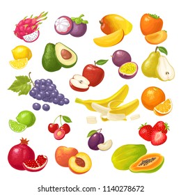 Set fruits. Mango, lime, banana, maracuya, avocado, dragon, lemon, orange, garnet, peach, apple, pear, grape, plum, passion, papay, persimmon, cherry. Vector color flat illustration isolated on white