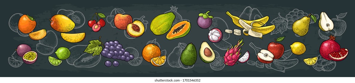 Set fruits. Mango, lime, banana, avocado, dragon, lemon, orange, garnet, peach, apple, pear, grape, plum, passion, mangosteen, persimmon, cherry. Vector color vintage engraving