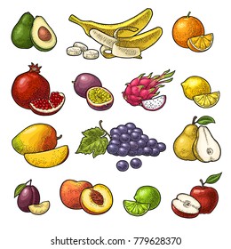Set fruits. Mango, lime, banana, maracuya, avocado, dragon, lemon, orange, garnet, peach, apple, pear, grape, plum, passion. Vector black vintage engraving illustration isolated on white