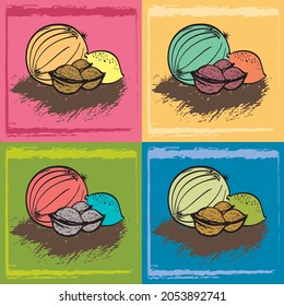 Set of Fruits - Melon, Walnuts and Lemon - 4 Hand drawn Digital Illustrations, Vegetarian Vegan Healthy Natural Food Icons on different Colored Backgrounds