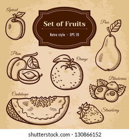 Set of fruits. For menu. Hand drawing, retro. Healthy food. Vintage style.