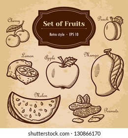 Set of fruits. For menu. Hand drawing, retro. Healthy food. Vintage style.
