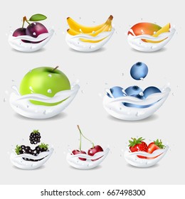 A set of fruits in milk. An Apple. Strawberry. Blackberry and Cherry.