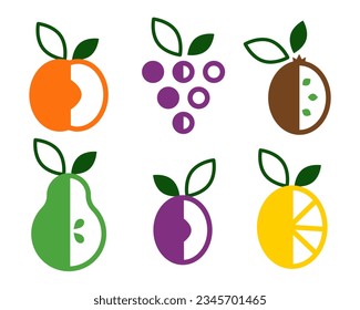 Conjunto de frutas en un estilo minimalista. Frutos alegres en un diseño geométrico sencillo y moderno. Ilustración del vector