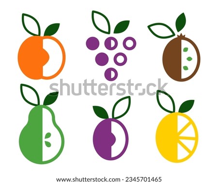 Set of fruits in a minimalistic style. Cute colorful fruits in trendy geometric simple design. Vector illustration