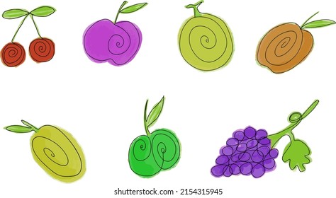 set of fruits Set Modern Cartoon Style. Fruits Set. Abstract Drawings Collection Contemporary Style. Vector EPS